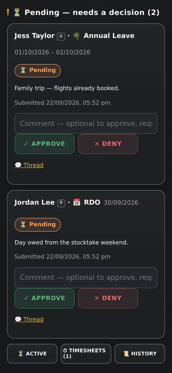 Requests on a phone in ZUVLON: annual leave and an RDO waiting on a supervisor, each with its note and approve and deny buttons