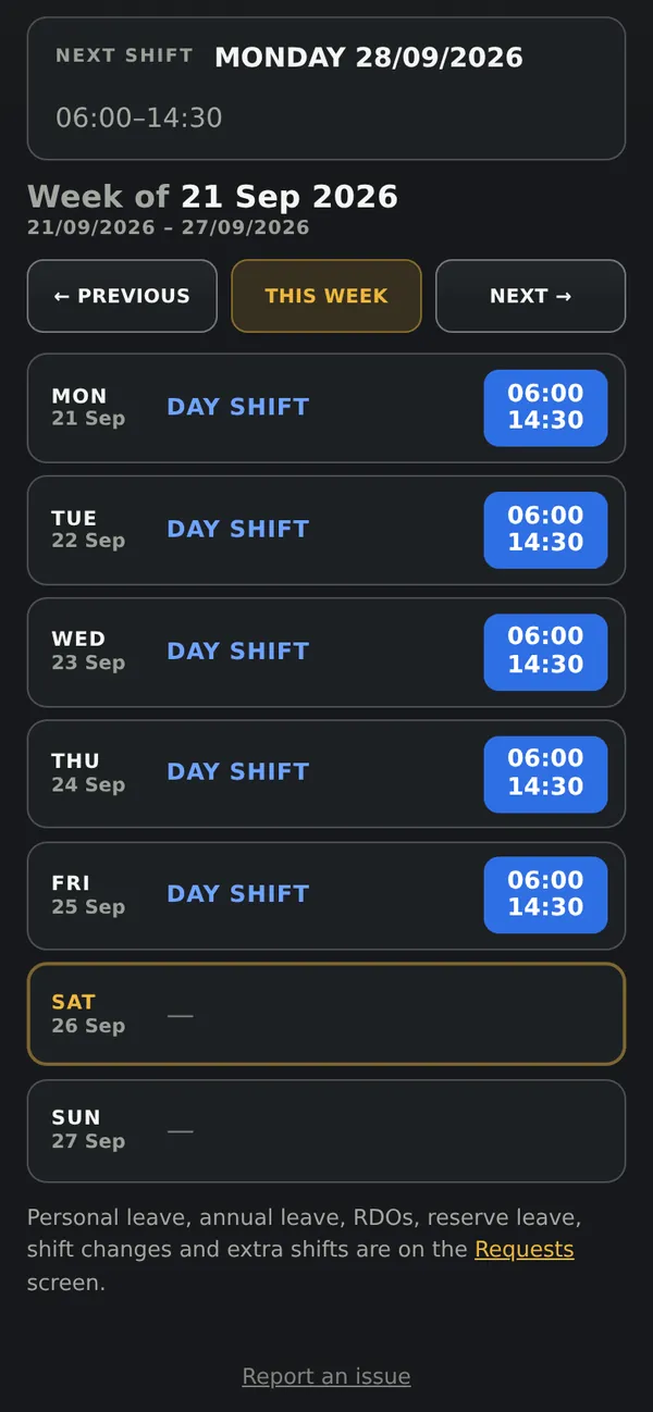 A worker's own roster on a phone in ZUVLON: the next shift, then the week's shifts one line each