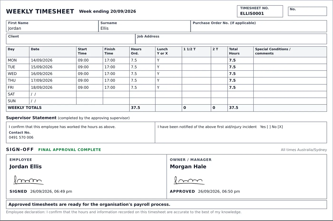 A signed weekly timesheet in ZUVLON: each day's start, finish and hours, the weekly total, and the employee's handwritten signature with the date and time it was signed